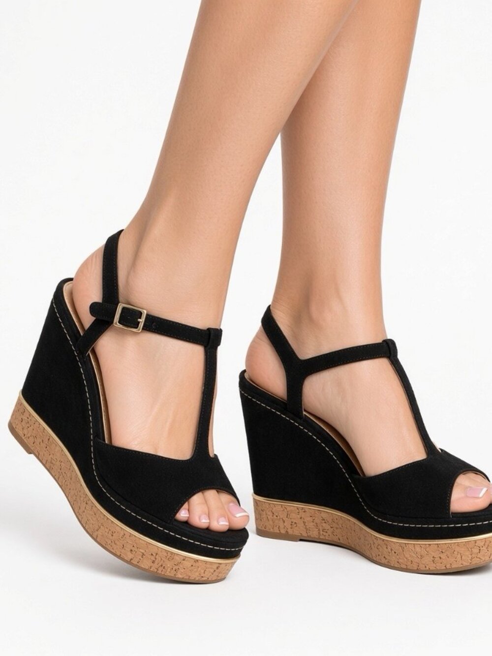 Jimmy Choo Black Wedge Suede Gold Heels Women Platform Open toe 39 8 Shoe Sandal